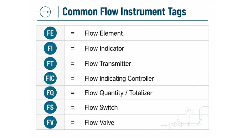 Common flow instrument tags on P&ID diagrams including FE, FI, FT, FIC, FQ, FS, and FV