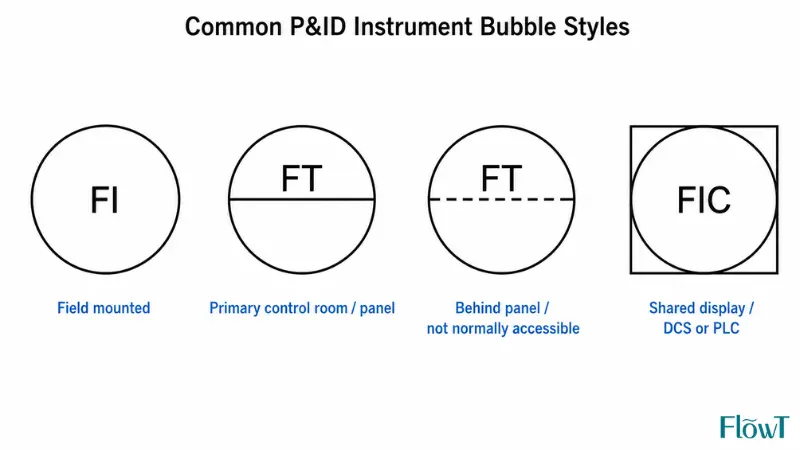 Common P&ID instrument bubble styles for flow instruments including field mounted, panel mounted, behind panel, and shared display
