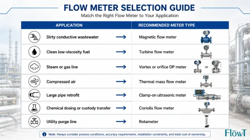 Flow meter selection chart by application including magnetic, turbine, vortex, ultrasonic, Coriolis, thermal mass, and rotameter options